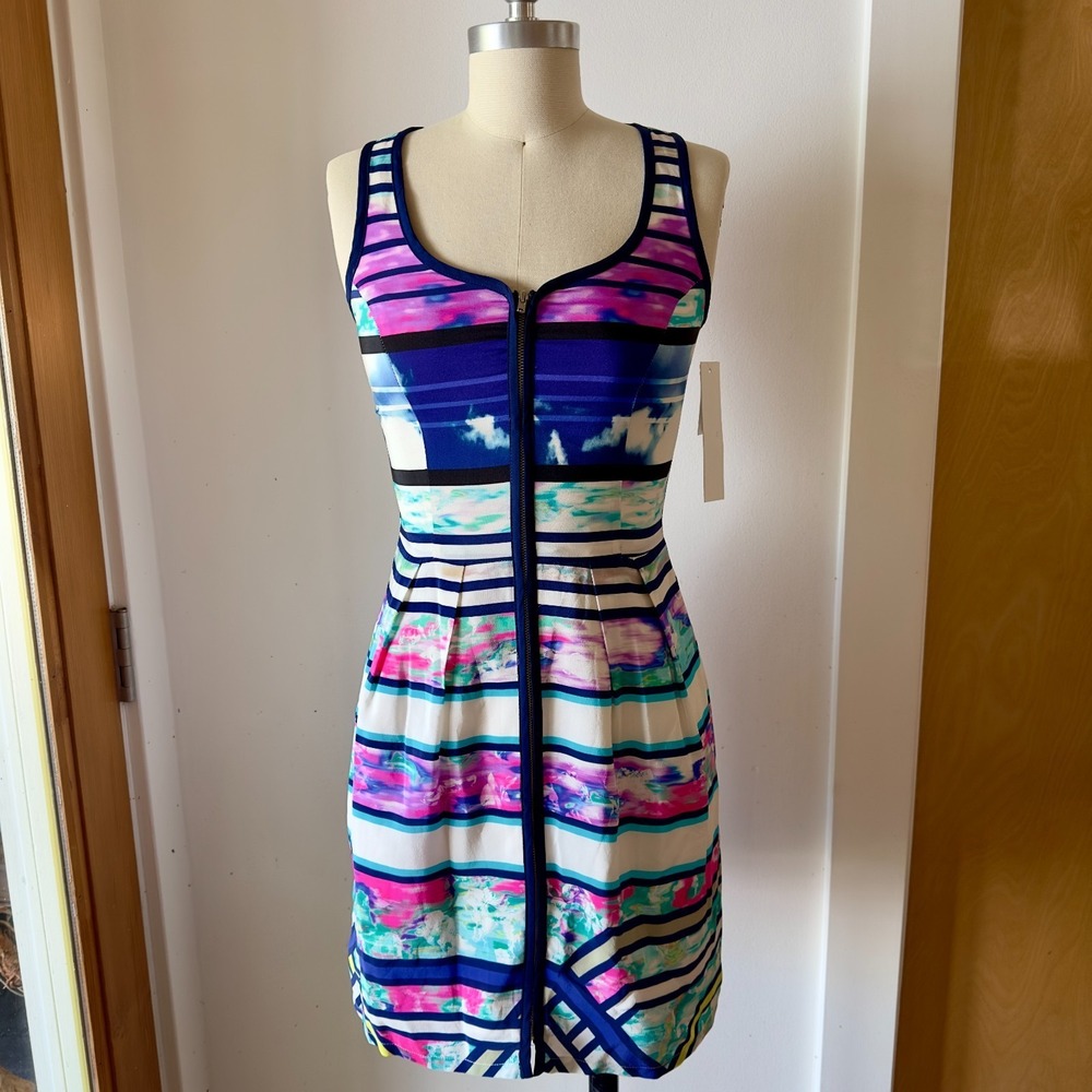 Amanda Uprichard Conversation Cloud Print Zip Up 100% Silk Sheath‎ Dress-Size P
